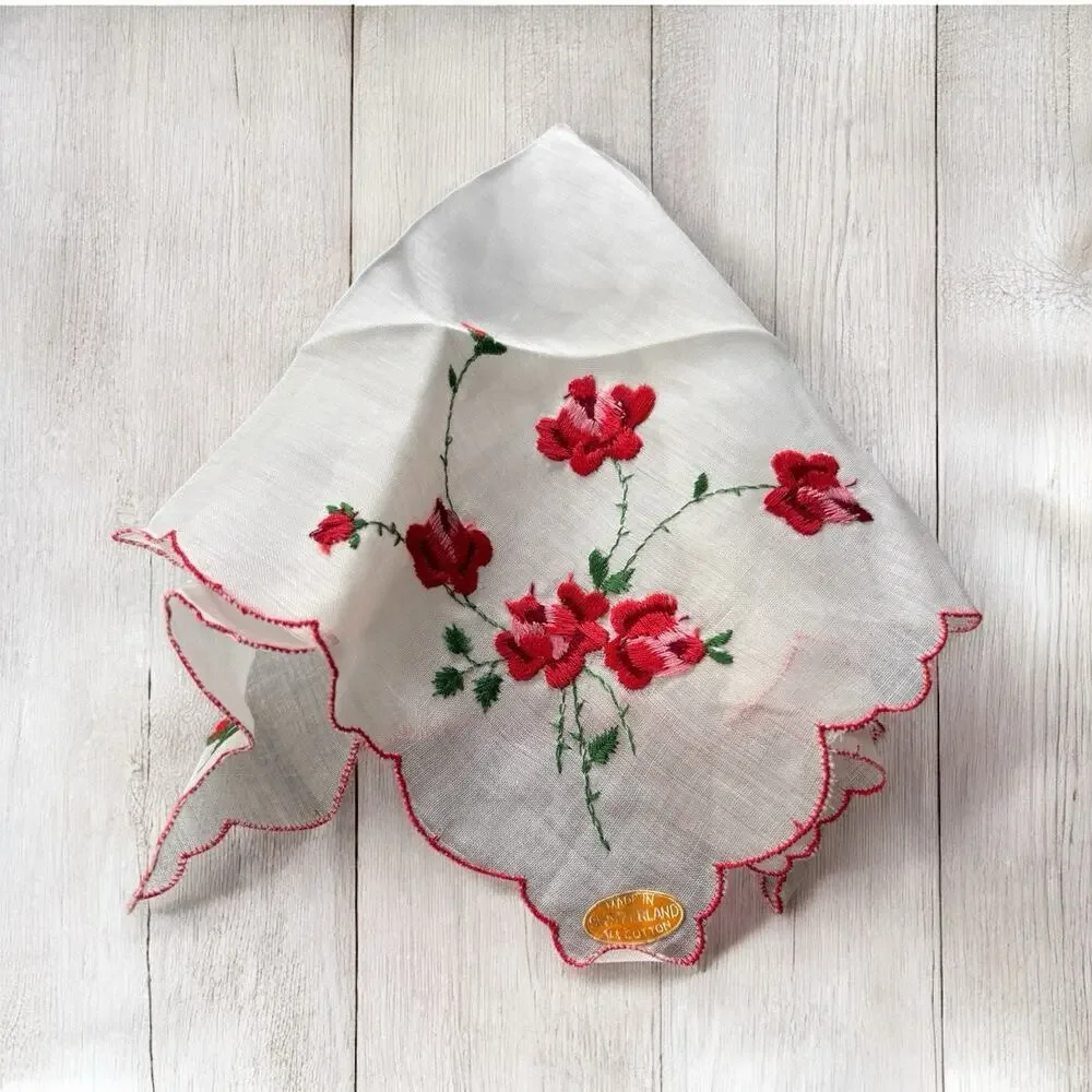 Vintage Embroidery All Cotton Hankie Handkerchief Red Floral & Sticker Scalloped